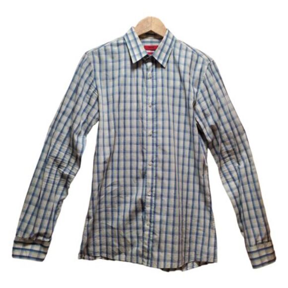 HUGO BOSS Men's Blue‎ & White Plaid Button-Down Shirt Casual Business Wear - Picture 2 of 5